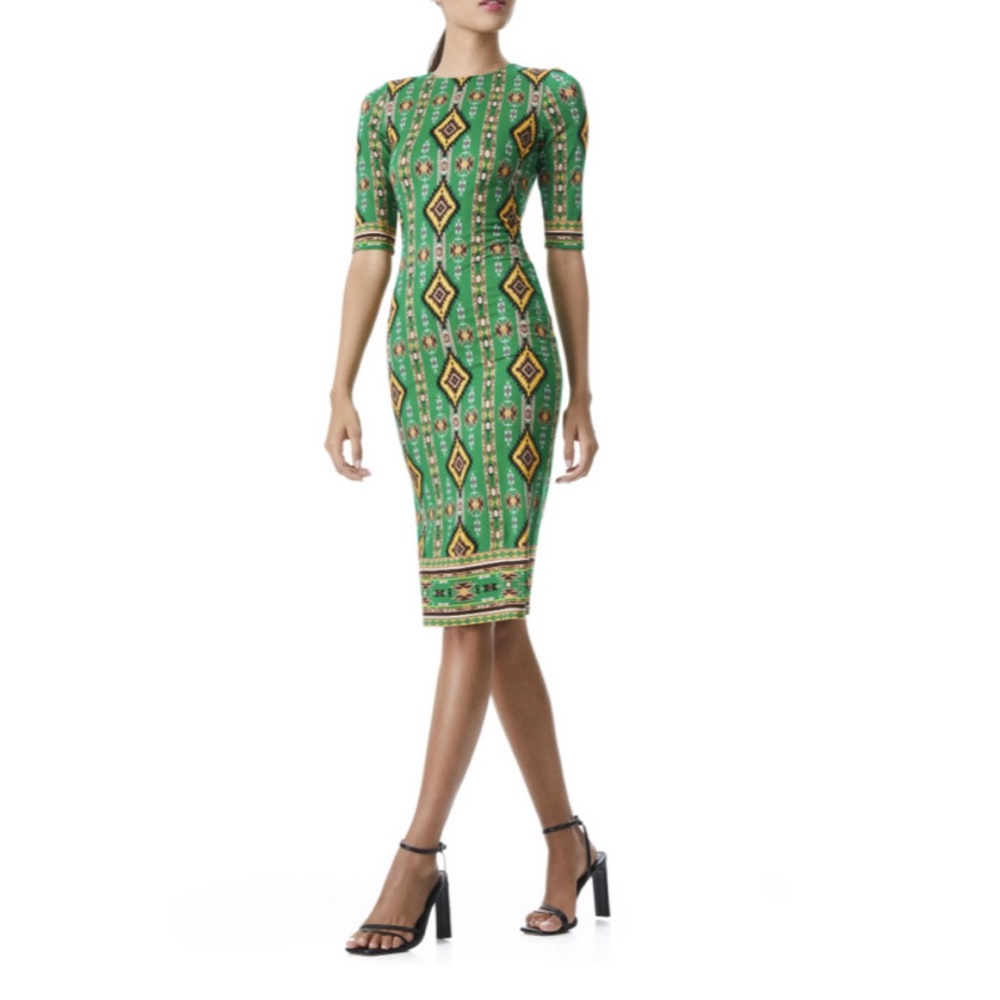 Alice & Olivia Delora Sheath Midi Dress in “Mystic Ikat”